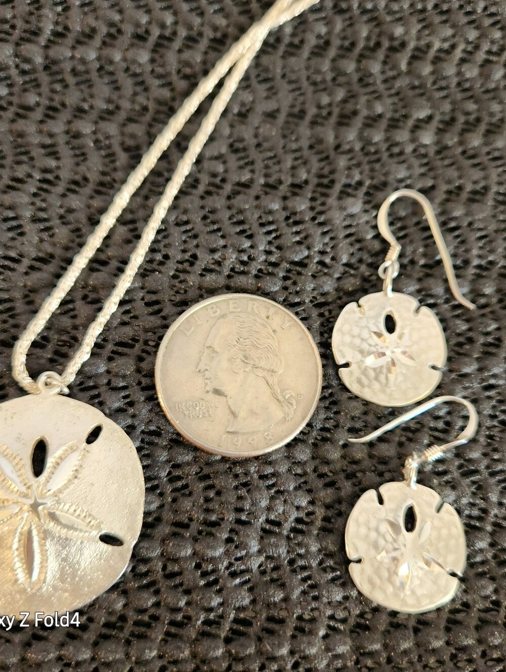 Sand Dollar Pendant Necklace and Earrings Set - Silver Tone